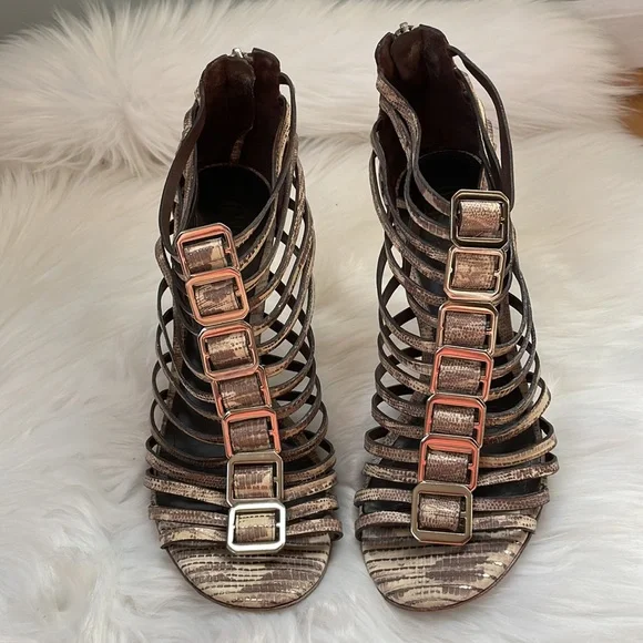 Tory Burch gladiator snake print caged heeled sandals EUC size 9 - Picture 2 of 11